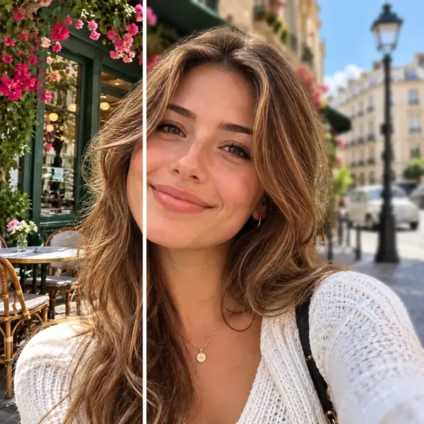 Before and after: a selfie on a Paris street, then the same photo with the background blurred