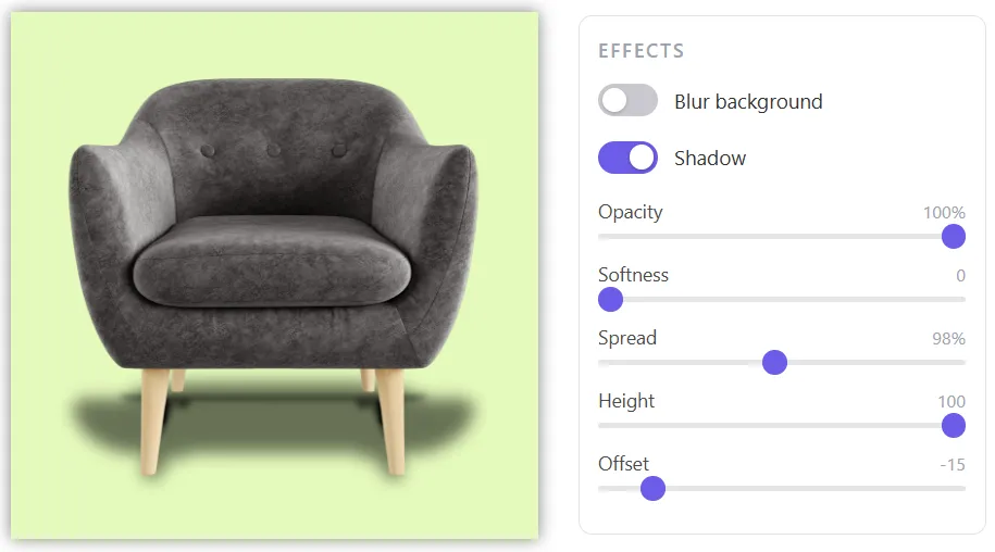 Effects panel with shadow settings applied to an armchair