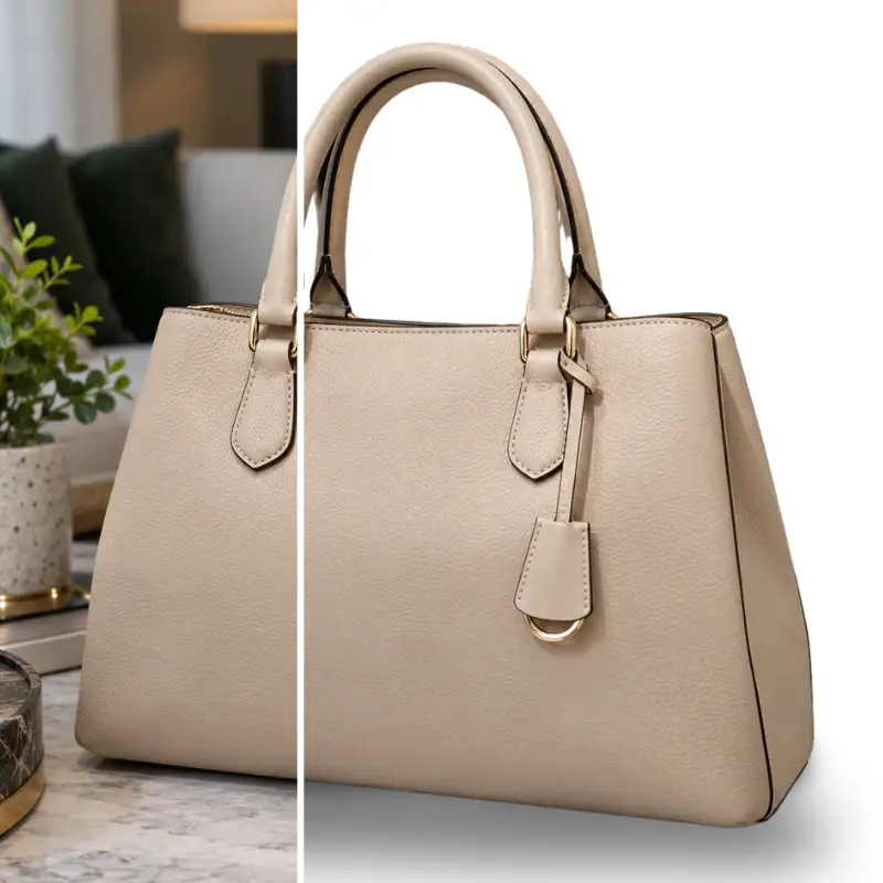 Before and after: a beige handbag photographed in a living room, then on a clean white background with a soft shadow