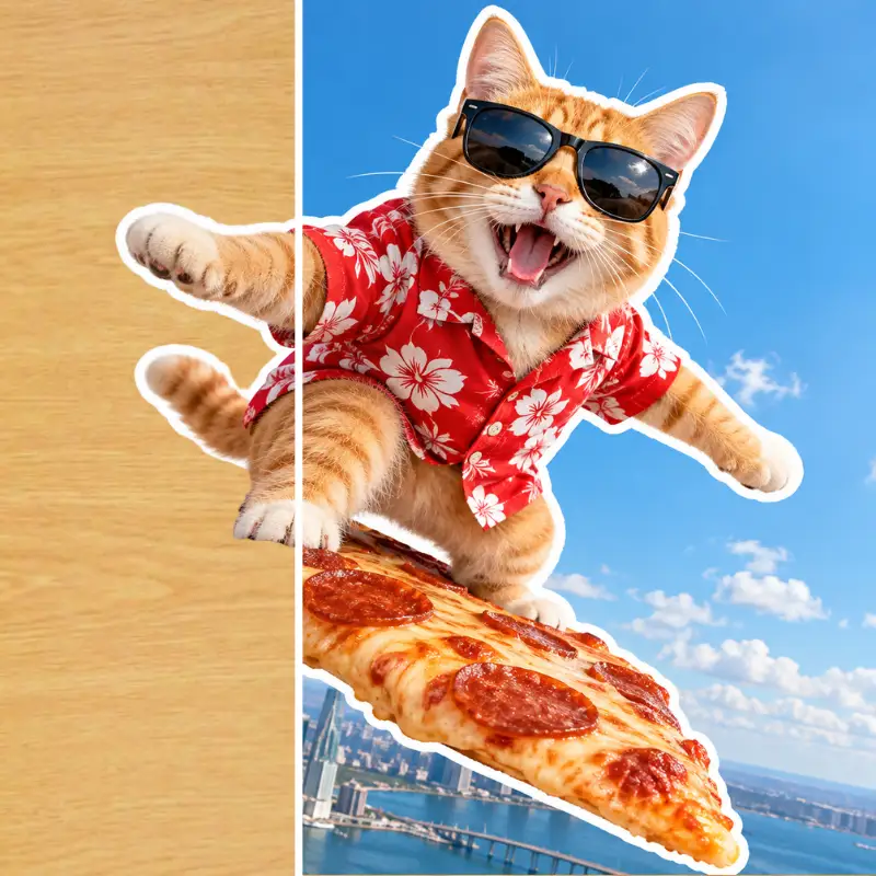 Before and after: a cat in sunglasses riding a pizza slice, cut out as a sticker with a white outline and placed over a city skyline