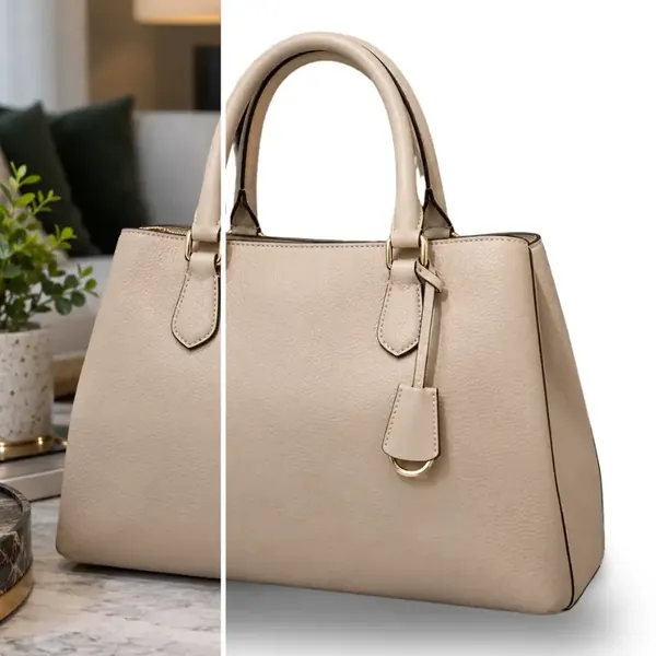 Before and after: a beige handbag photographed in a living room, then on a clean white background with a soft shadow