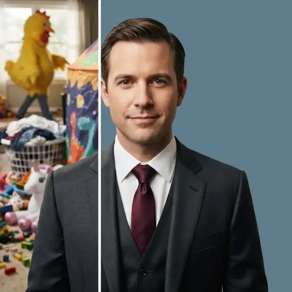 Before and after: a man in a suit in front of a messy kids' room, then on a solid blue-gray background