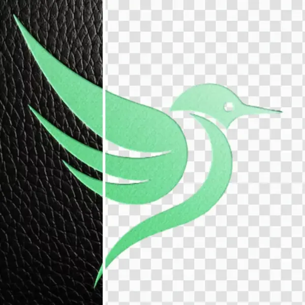Before and after: a green bird logo on black leather, then cut out on a transparent background